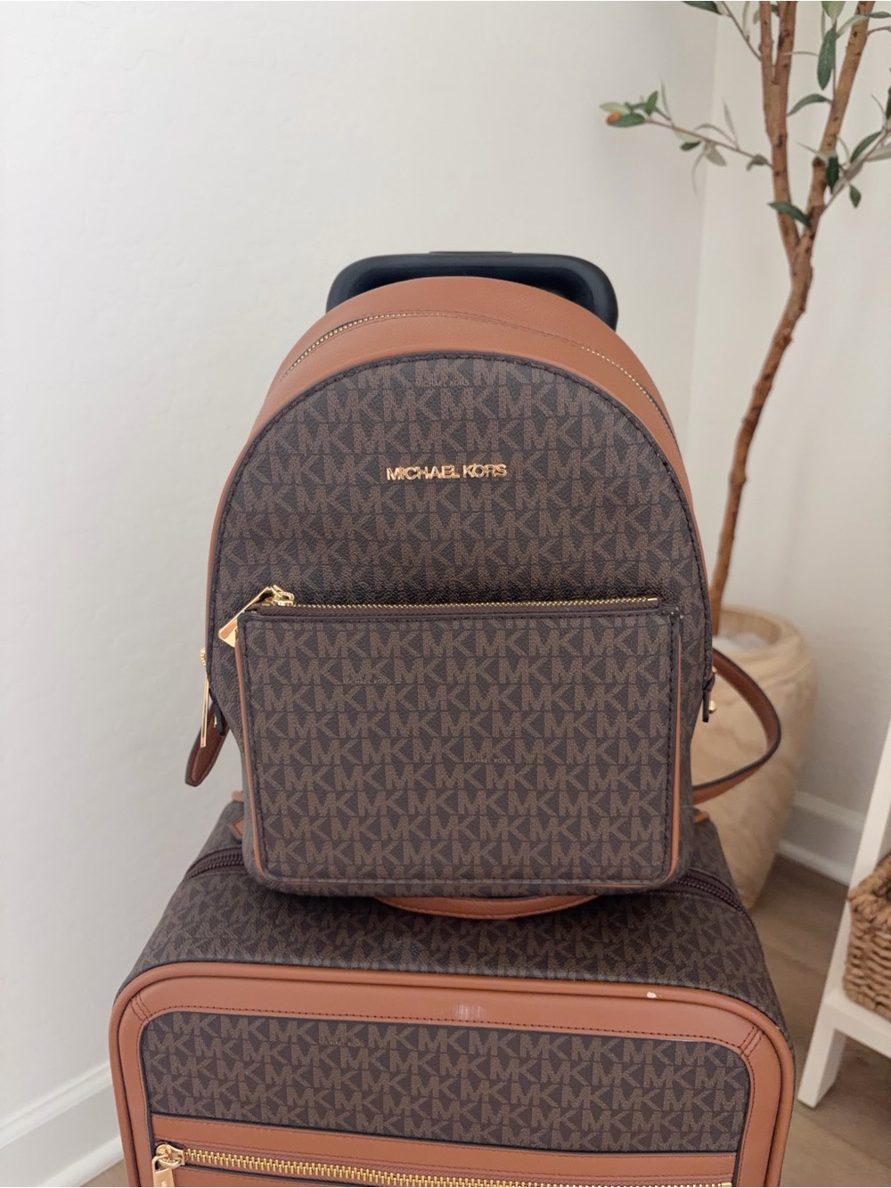 Michael Kors Brown Signature MK Mini Backpack with Tan Trim